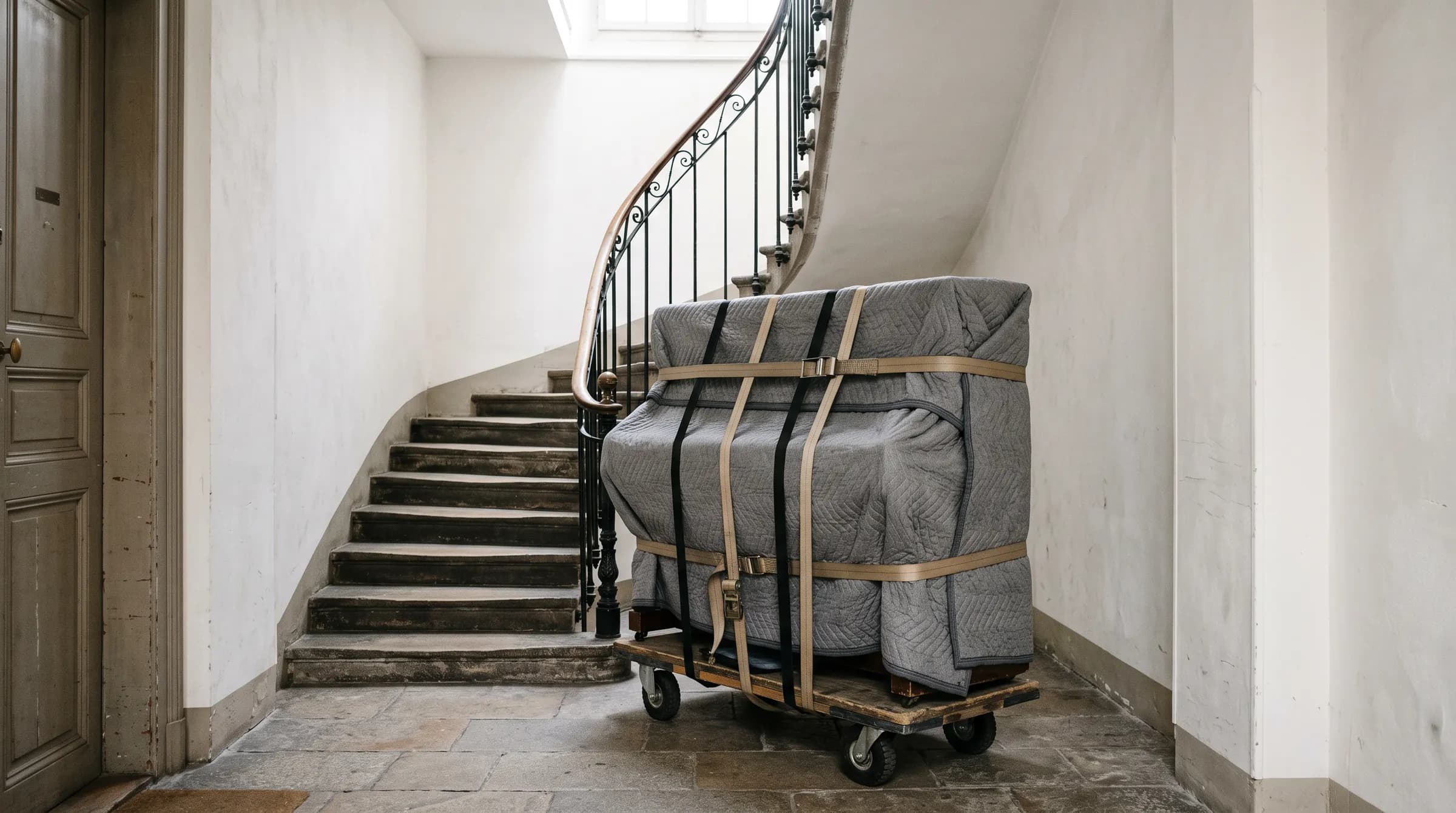 In Decken verpacktes und gegurtetes Klavier auf einem Transportroller am Fuss einer Treppe.
