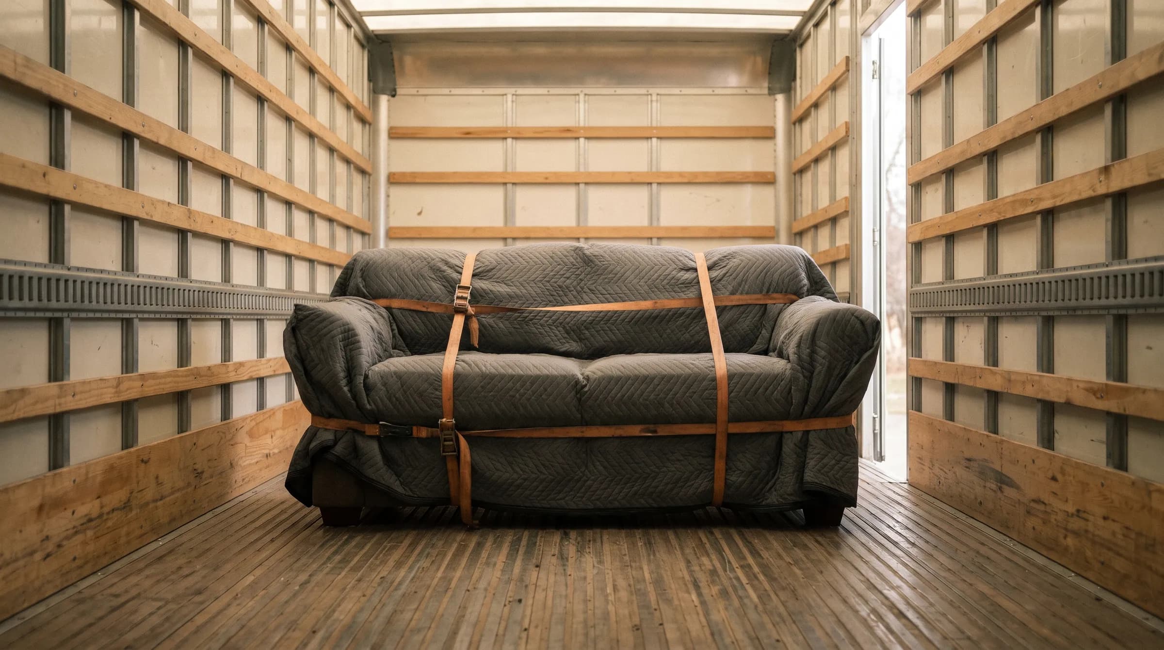 Ein einzelnes Sofa in Möbeldecken, mit Spanngurten gesichert, auf der Ladefläche eines Transporters.