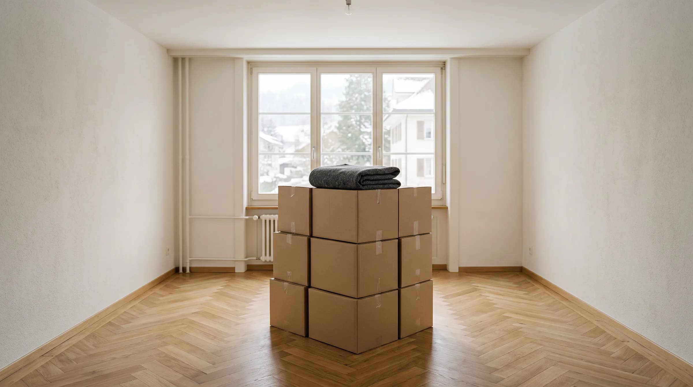 Leeres Zimmer mit Fischgrätparkett, in der Mitte ein Stapel Umzugskartons mit einer Möbeldecke obenauf.