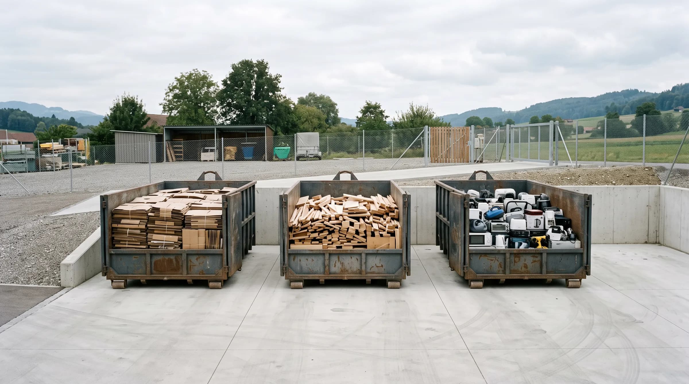 Drei Mulden auf einem Sammelplatz, getrennt befüllt mit Karton, Altholz und Elektrogeräten.
