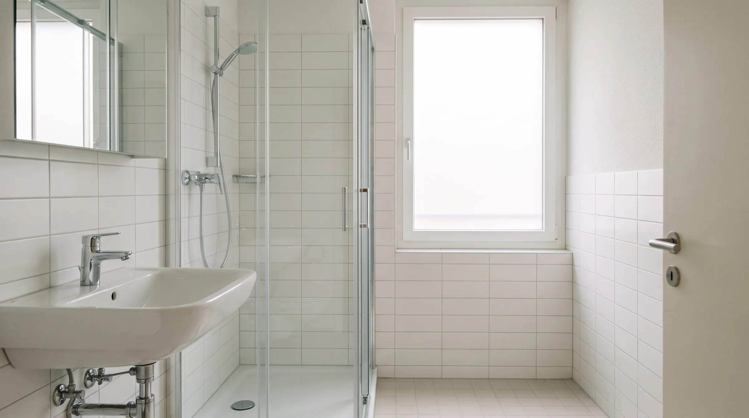 Frisch gereinigtes, leeres Badezimmer mit weissen Fliesen, Duschkabine und poliertem Waschbecken.